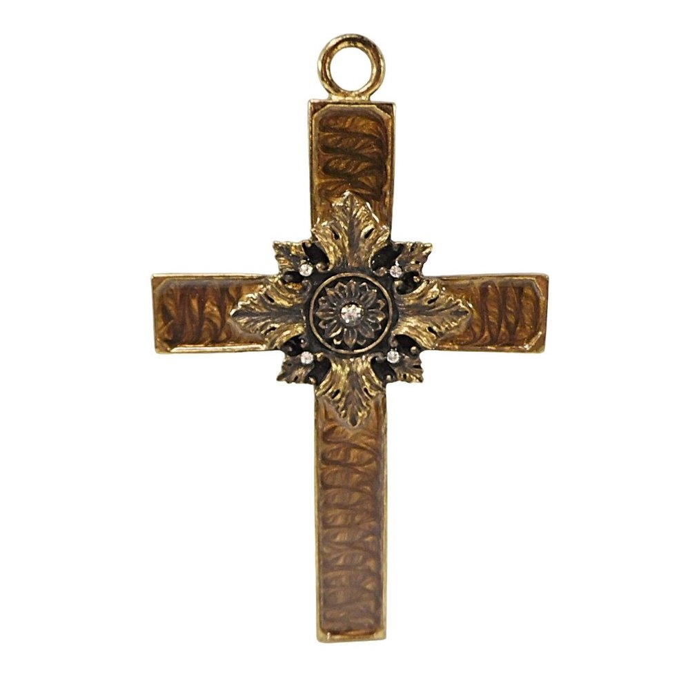 Brown Swirl Enamel Metal Cross Wall Hanging Decor Rhinestones  5.25"